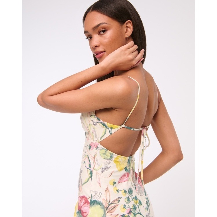 Abercrombie & Fitch Premium Linen Cutout Midi Dress Vegetable Print Cream Med P