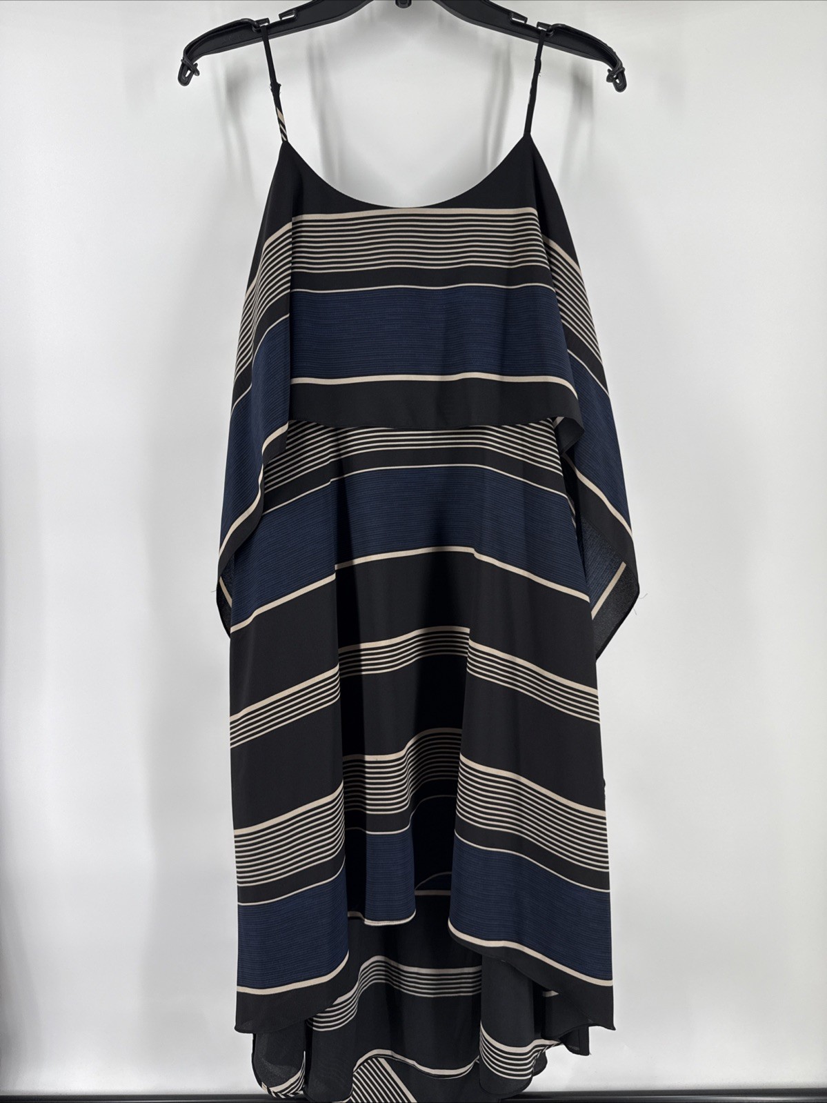 Halston Heritage Black Blue Cream Cami Strap Asymmetrical Dress Flowy Medium
