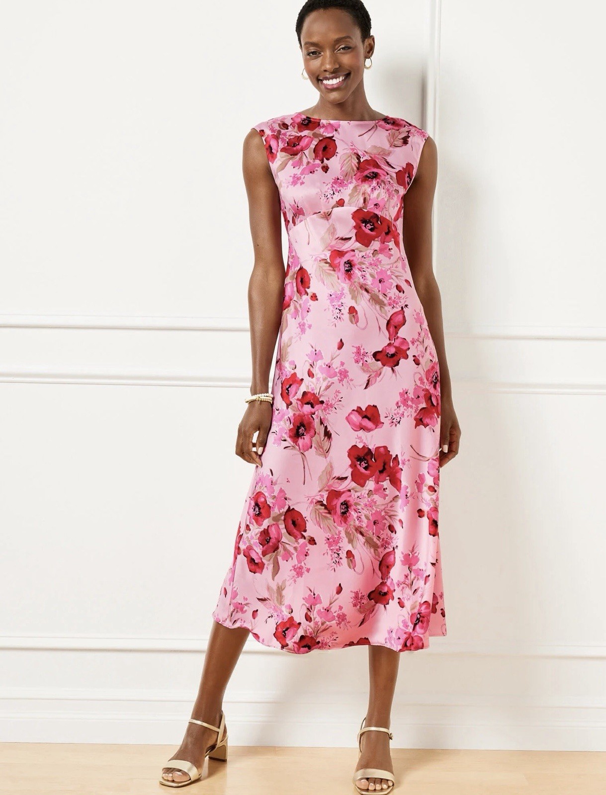 🩷 NEW! TALBOTS Satin Midi Dress Watercolor Bouquets Floral Print Size 16W