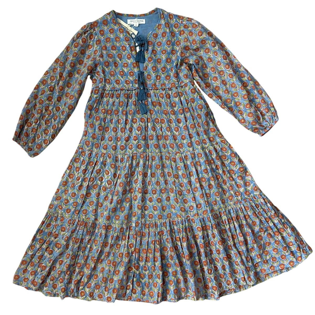 Emerson Fry India Collection Heirloom Dress Wednesday Flowers Blues Size XS
