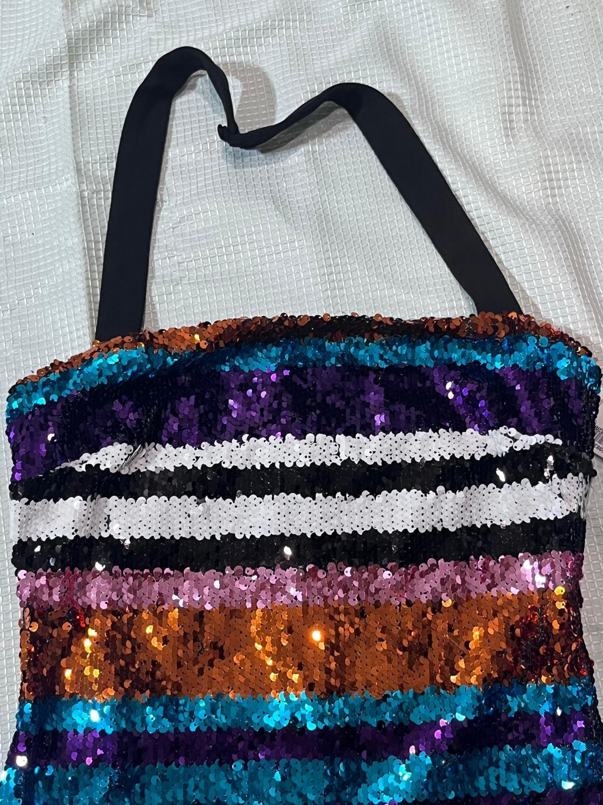 Multicolor Striped Sequin Halter Mini Dress Shimmer Party Clubwear