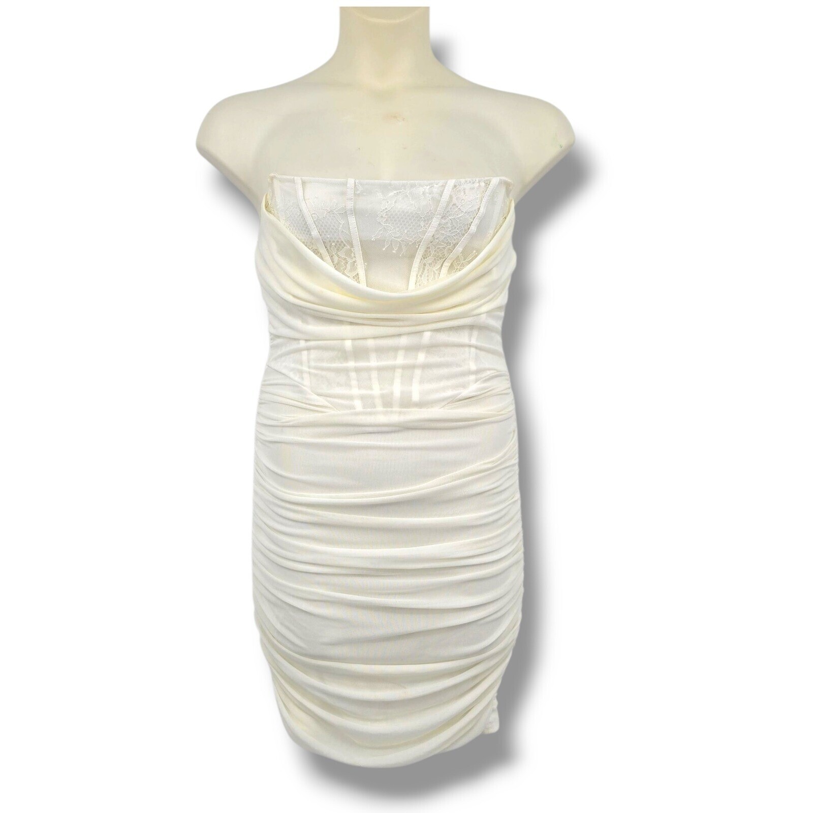 Mad For Love Strapless Mini Dress Ruched Bodycon Lace Corset White M