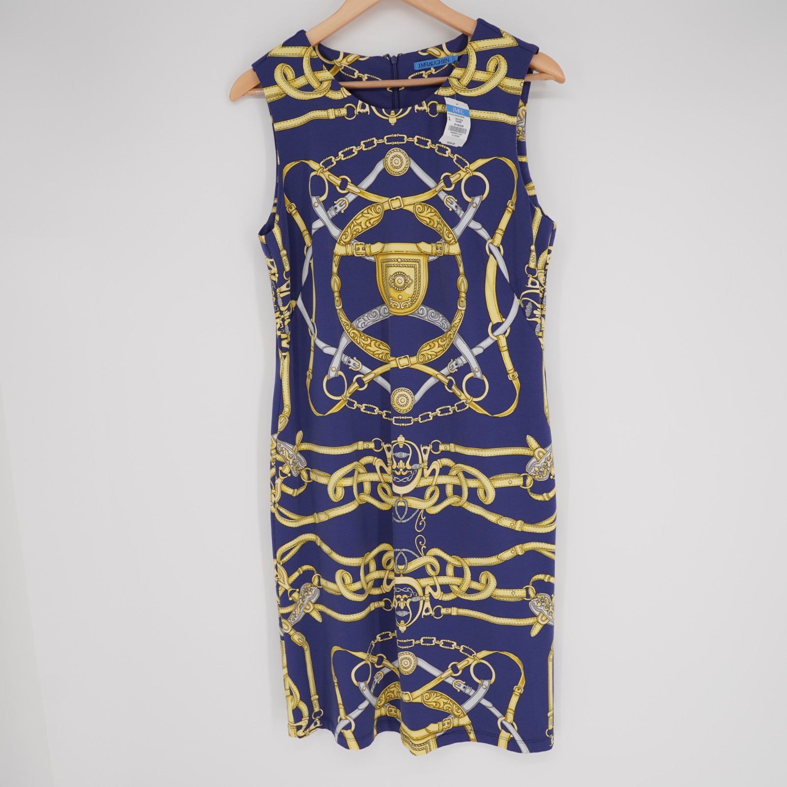J McLaughlin Catalina Cloth Sofia Sheath Dress L Blue Chain Link Belt Print