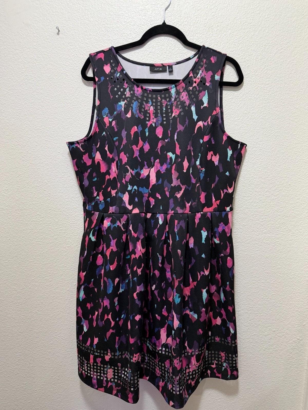 Apt 9 black multi color sleeveless dress, cut outs at neck and hem, XL