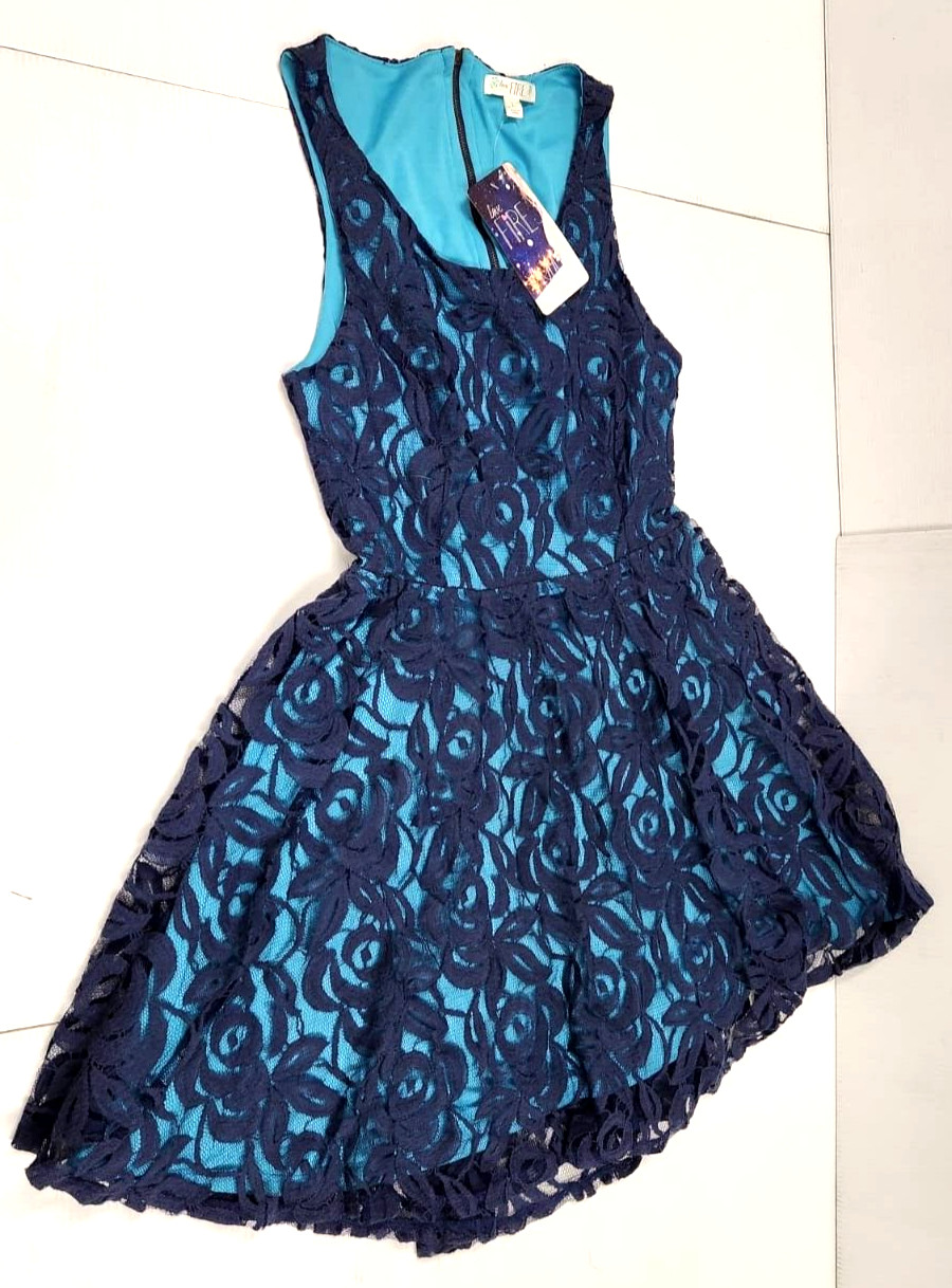 Love Fire Women’s Floral Lace Sleeveless Dress Navy Blue/Lt Blue Lining ~ Large