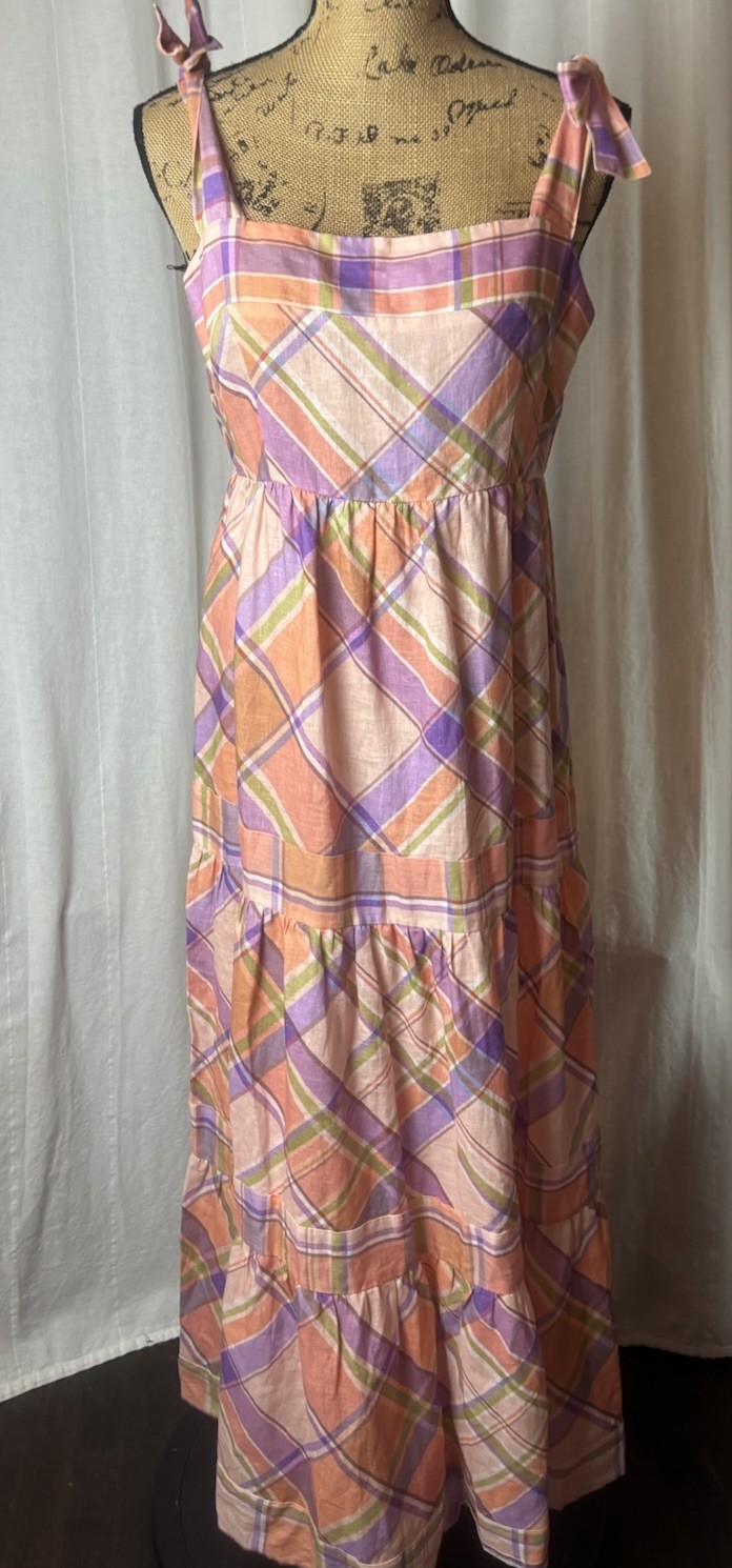 Anthropologie Kachel Tie Strap Linen Maxi Dress Pink Peach Purple Plaid Sz M