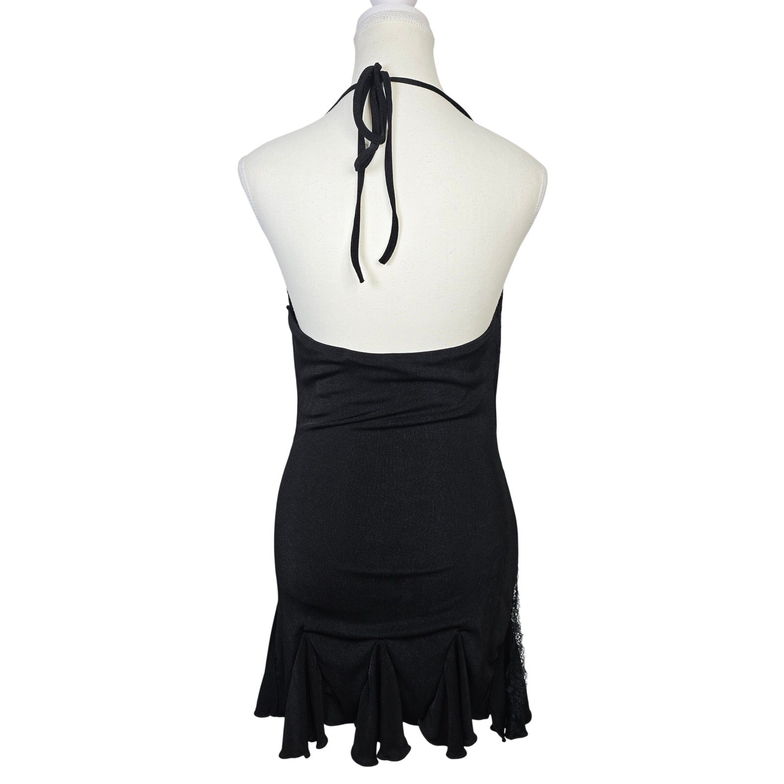 SHEIN Black Halter Mini Dress Lace Trim Ruffle Hem Cowl Neck Goth Y2K Size 6 M