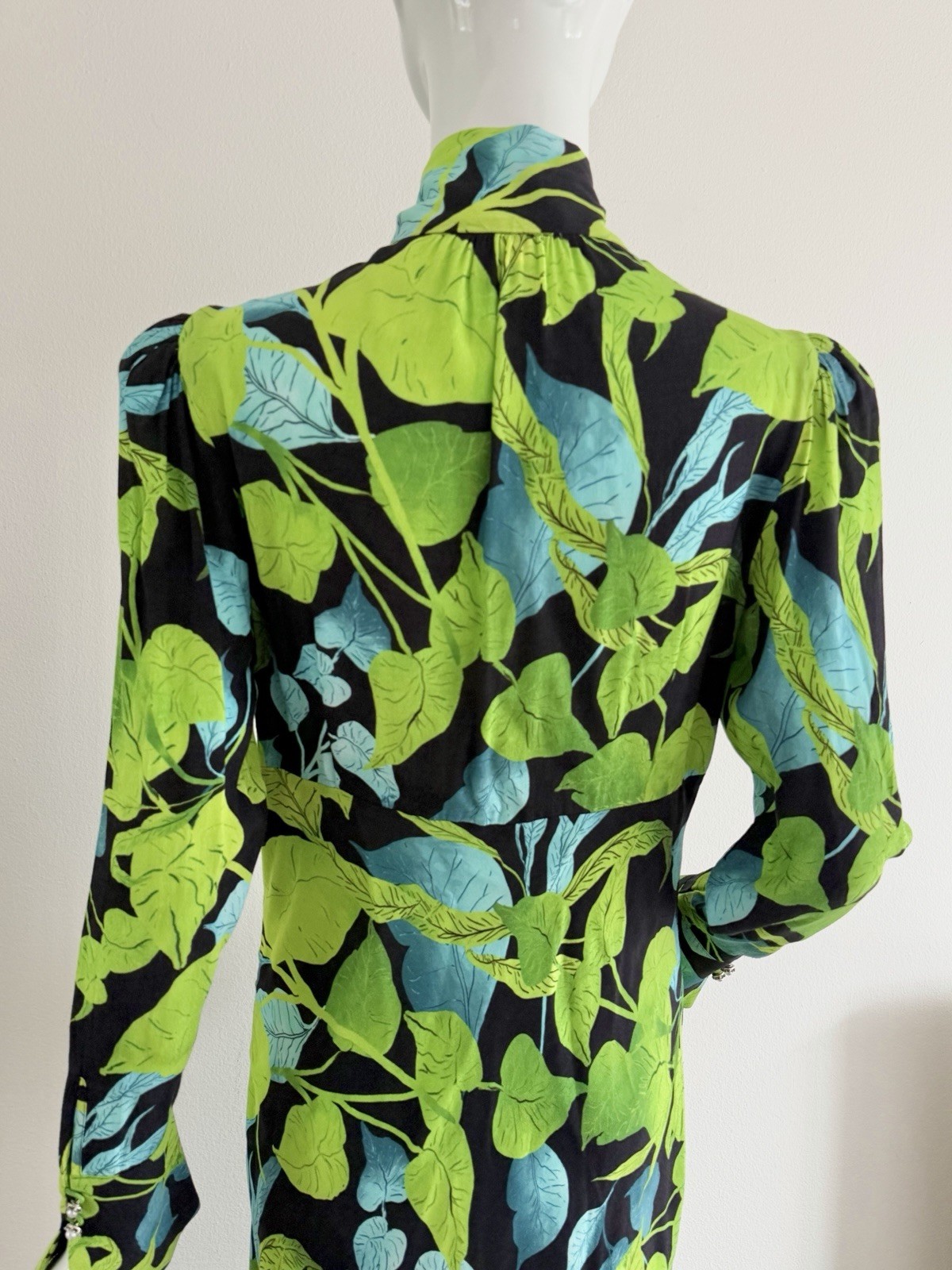 Husk Maxi Dress Green Black Leaf Rare Print Long Sleeve Pussy Bow Size AU 8 S