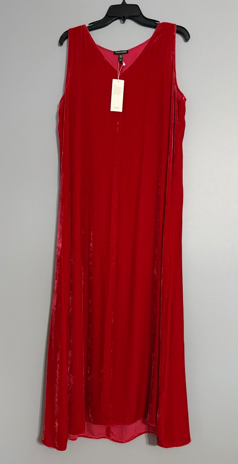 Eileen Fisher Scarlet Red Velvet Dress Midi V-Neck Sleeveless Dress L