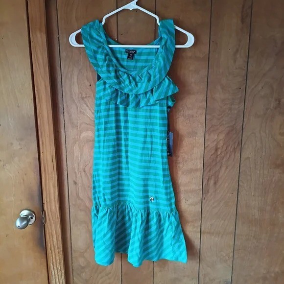 U.S. Polo Assn Women’s Blue Green Striped Sleeveless Ruffle Dress XS NWT