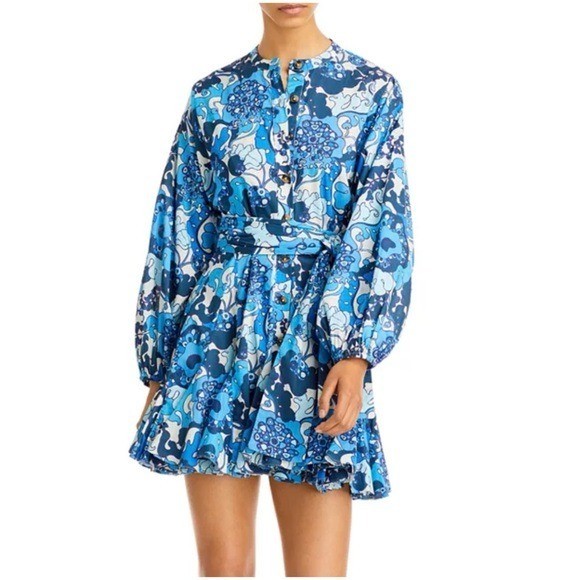 Rhode Women’s Sz M Blue Floral Print Mini Dress Emma Long Sleeve