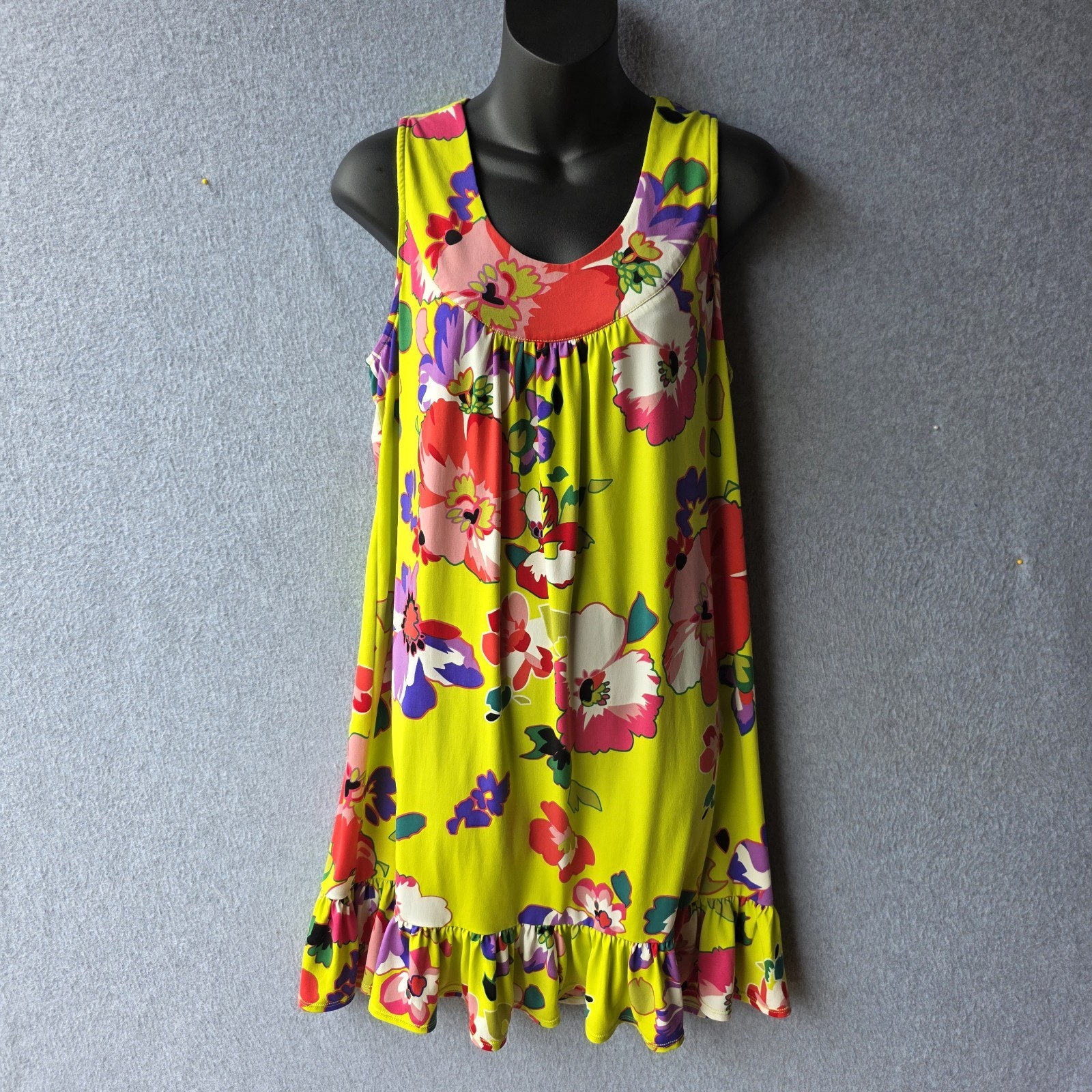 Karin Stevens Dress Size 8 Lime Green Floral Ruffle Hem Sleeveless Patio Mini Bo