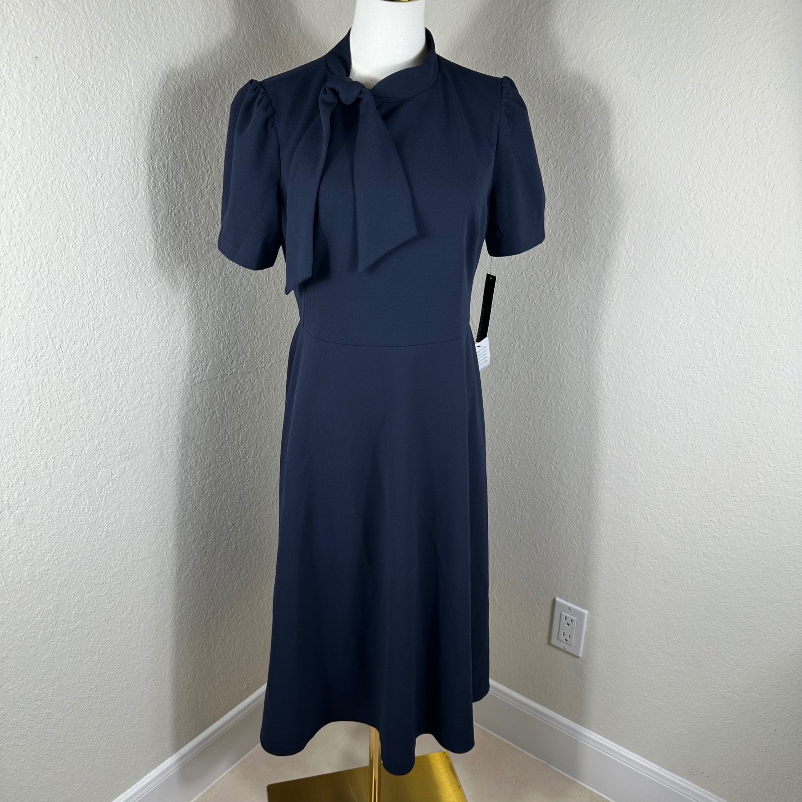 Maggy London Dress NWT Womens S Navy Blue Tie Neck Midi Modest Professional