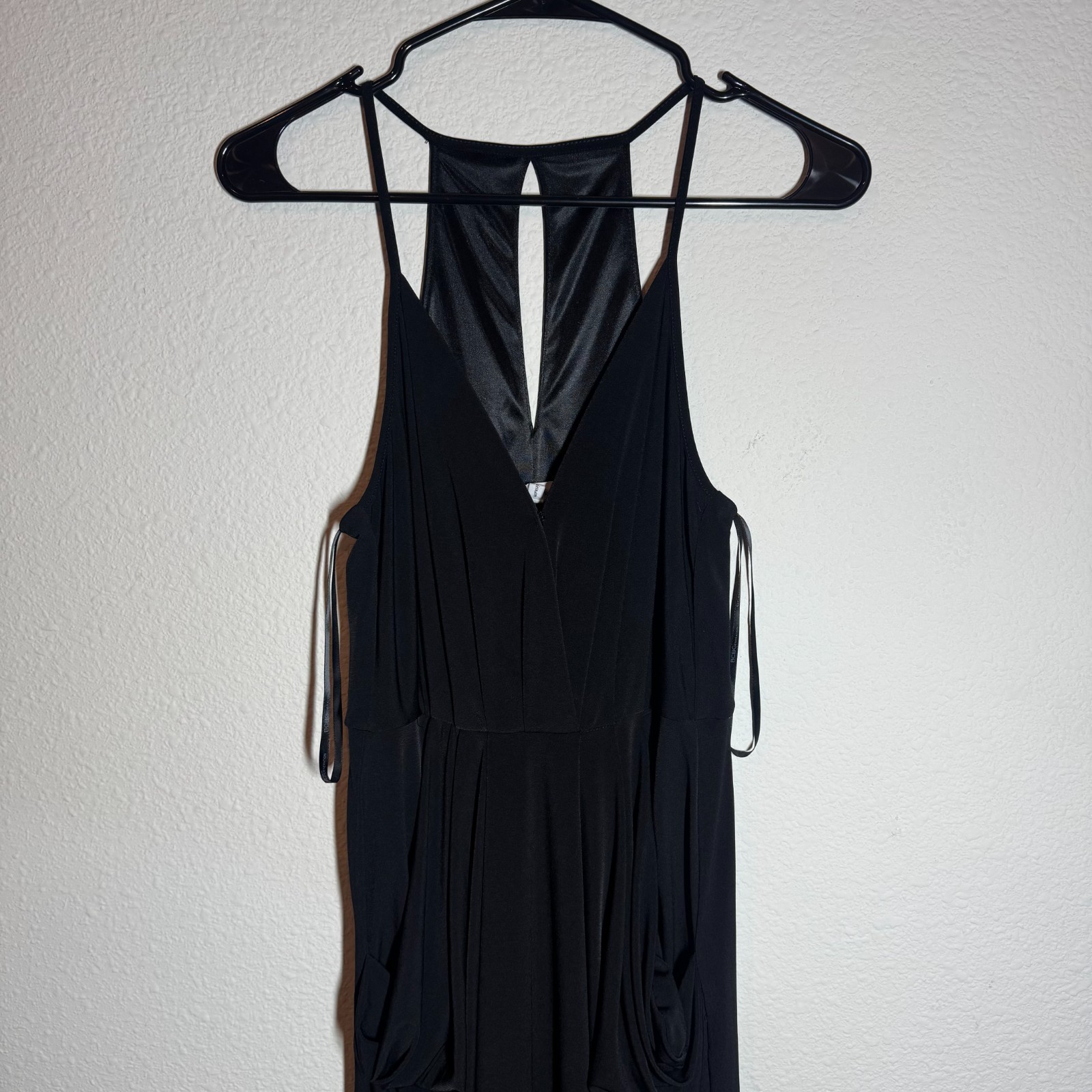 BCBGeneration Midi Dress Women Black Draped Pockets Keyhole Back Spaghetti Strap
