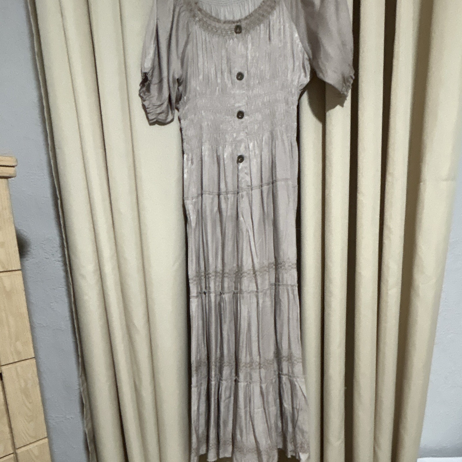 Paper Lace Women L Beige Solid Maxi Dress Round Neck Puff Sleeve Smocked