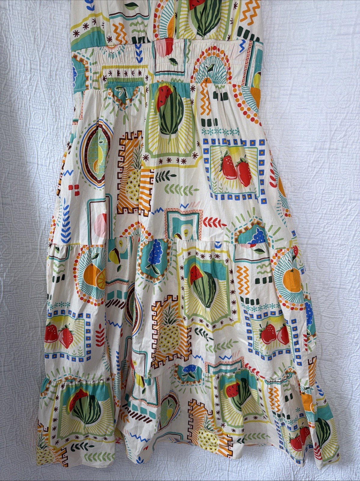 Easel Fruit Print Cotton Tiered Midi Dress Small Short Sleeve Garden Cottagecore