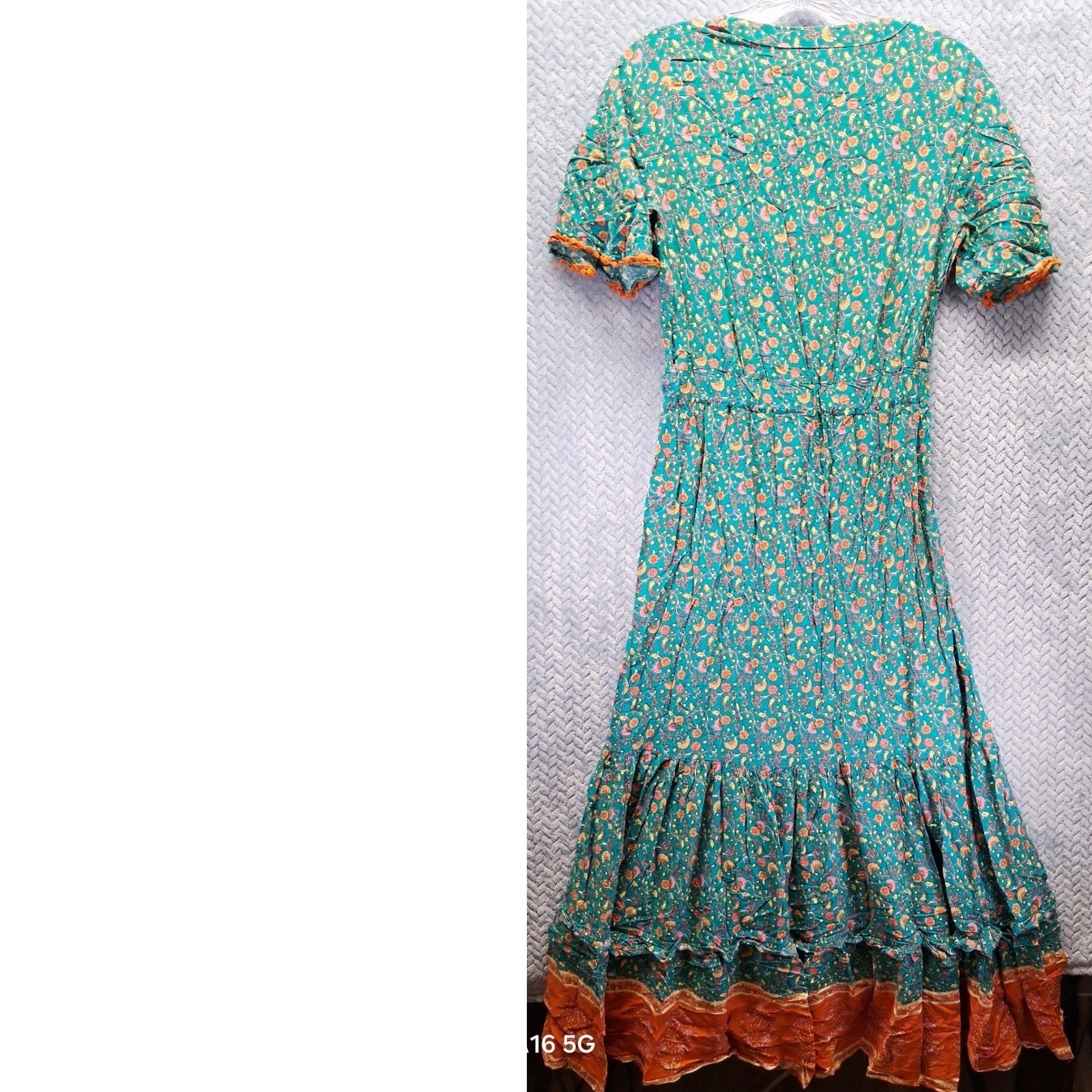 R. Vivimos Teal Floral Boho Maxi Dress Short Sleeve Tassel Pom Trim Size M 8/10