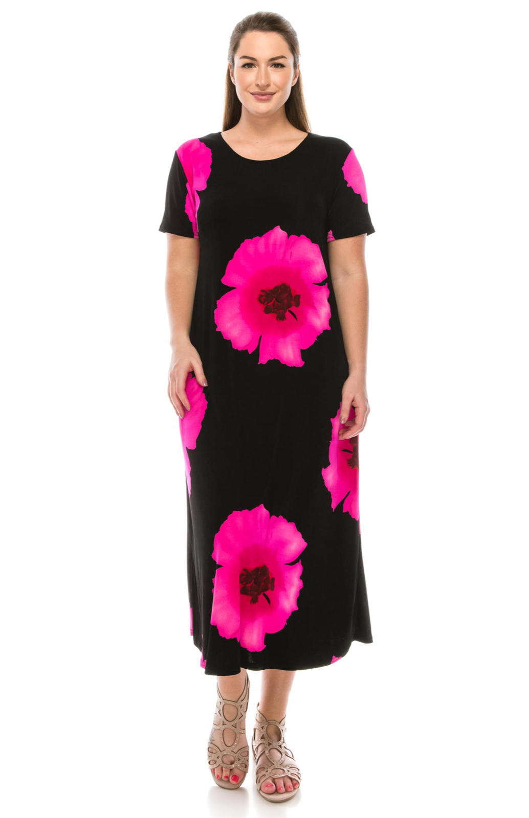 JOSTAR Hot Pink Black LONG DRESS Poly Spandex Slinky Knit TRAVEL S M L XL 2X 3X