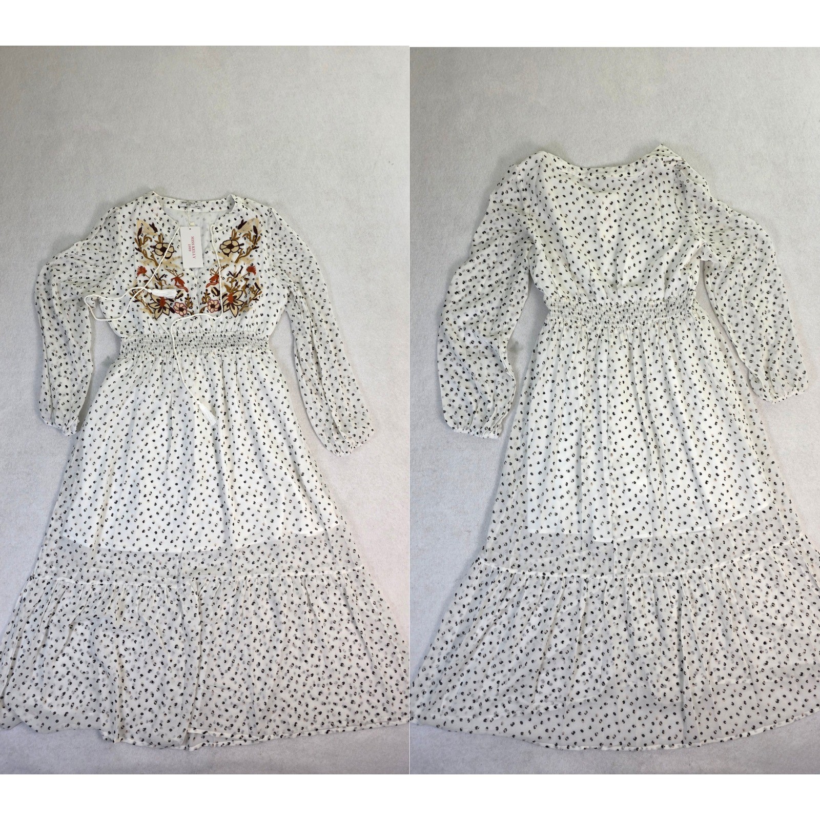 Miss Kelly 1999 Women L Maxi Dress White New Boho Embroidered Polka Dot SD4113