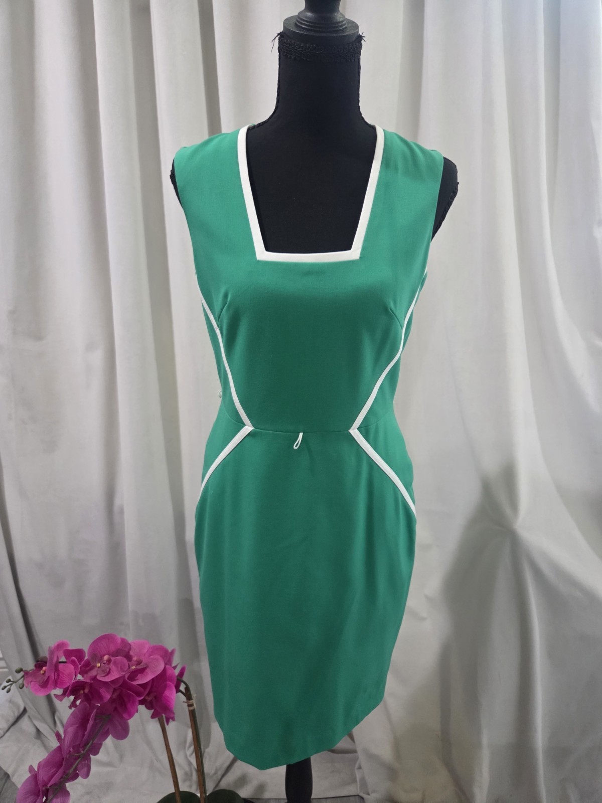 Calvin Klein Women’s Green/White Colorblock Sheath Dress Square Neck 4