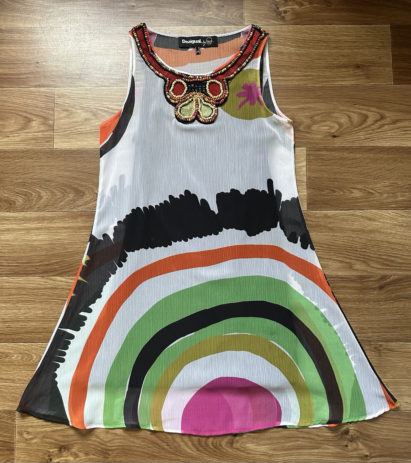 Desigual Vibrant Abstract Print Beaded Trapeze Mini Dress Sheer Overlay Women’s
