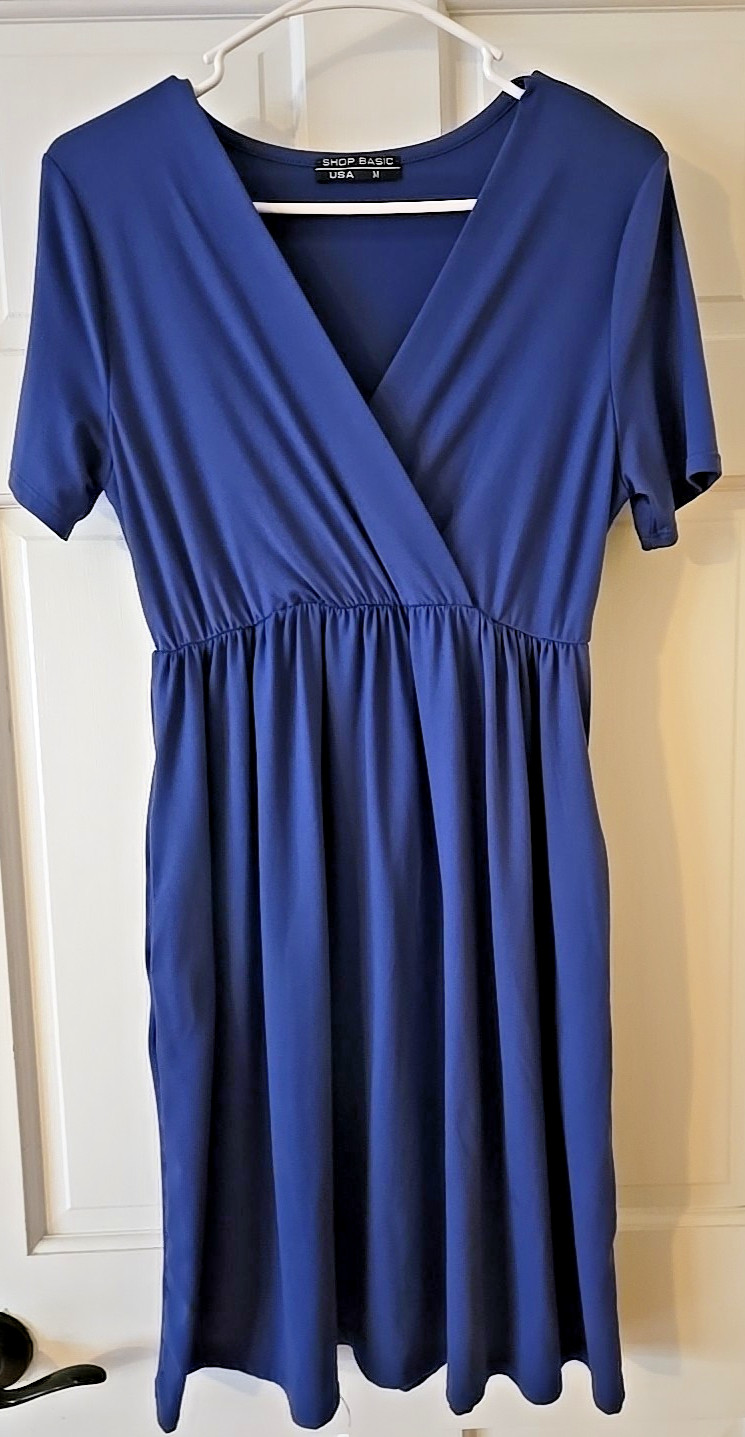 Shop Basic USA Women’s Medium Short Sleeve Dress Blue Stretch Pullover VNeck