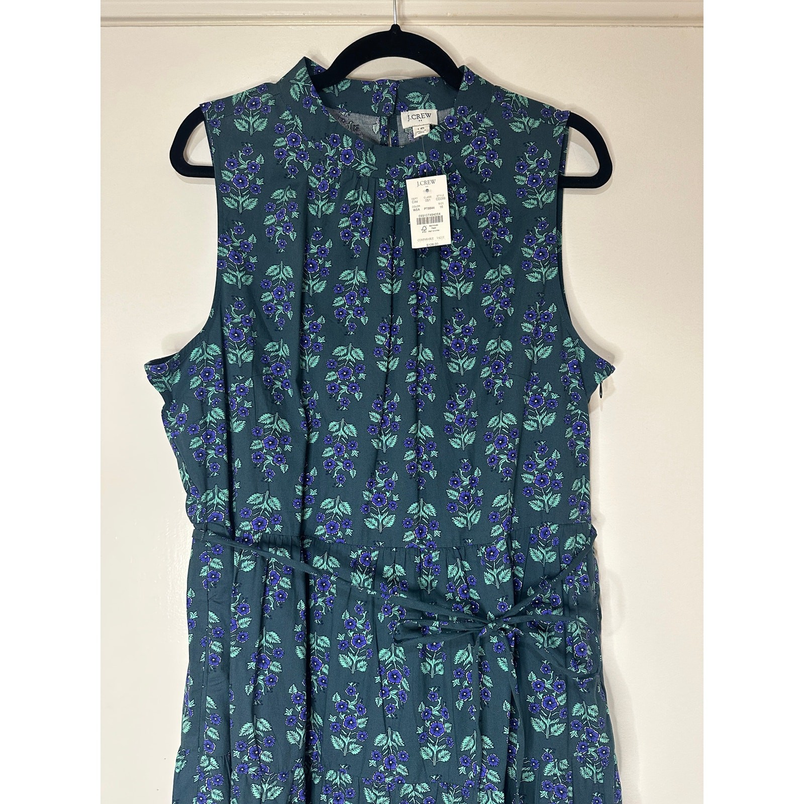 J. Crew Printed Mock Neck Tiered Midi Dress Warm Spruce Green Blue Size 16 NWT