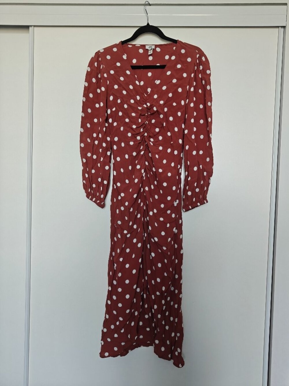 River Island Rust Brown Polka Dot Ruched Midi Dress Puff Sleeve UK 8 US 4 0722