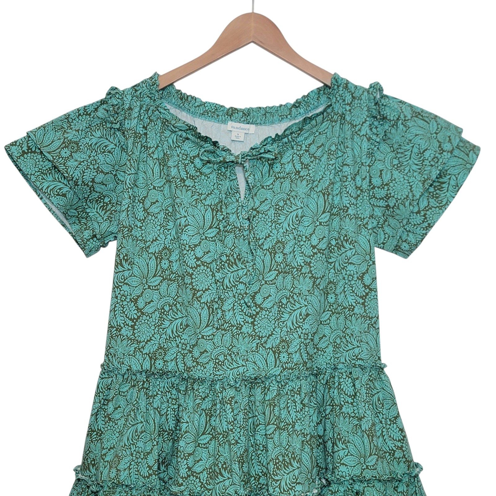 Sundance Liora Floral Leaf Cotton Tiered Ruffle Dress Short Sleeve Green S