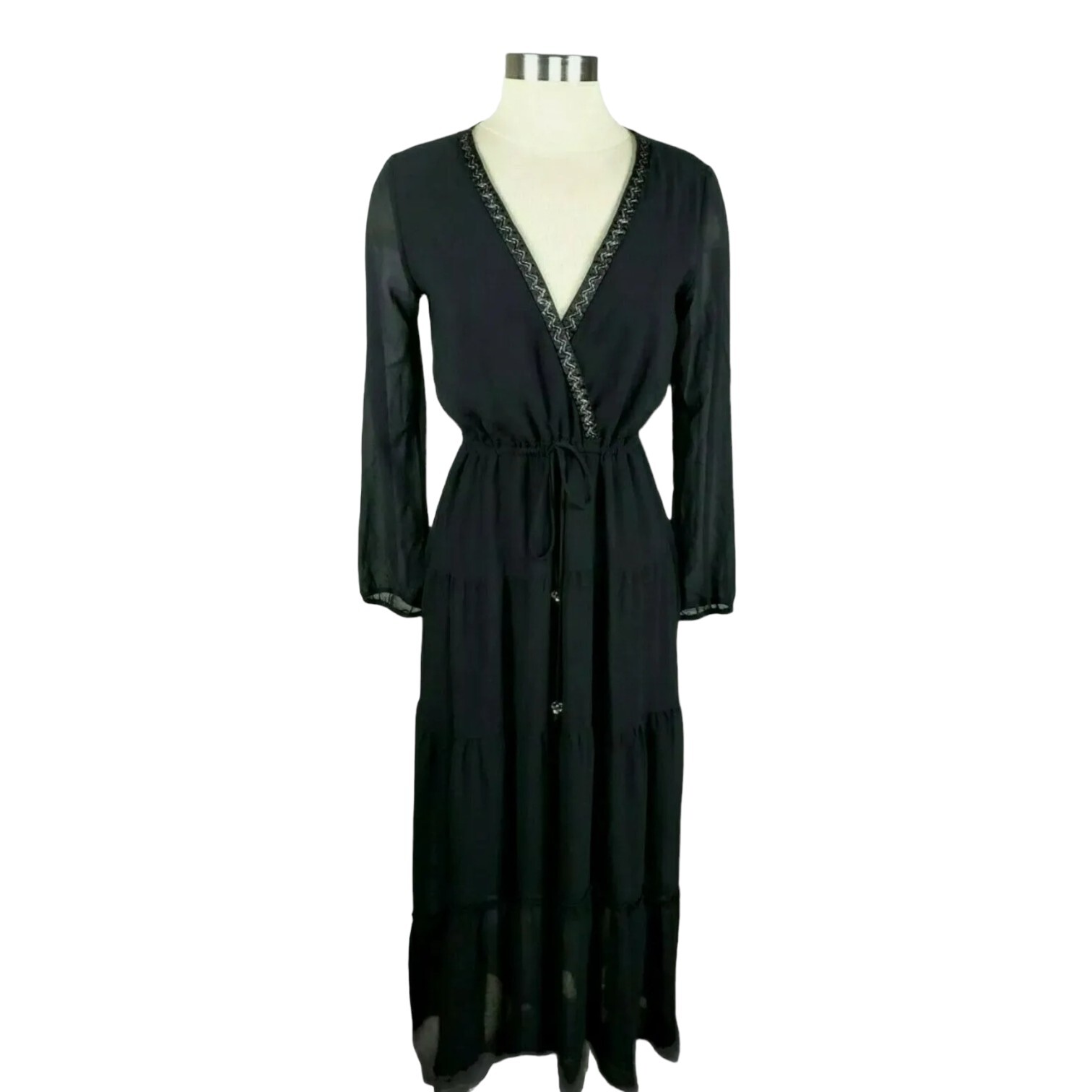 NY Collection Maxi Dress Black Long Sleeve Beaded V Neck Tier Ruffle NWT Flaw XS