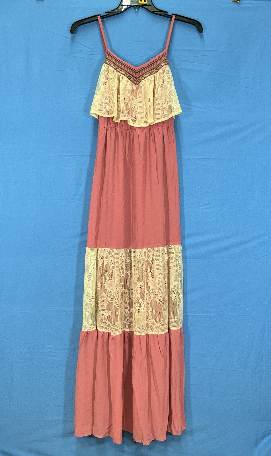 FLYING TOMATO Pink Mauve LINED CHIFFON Lace Detail BLOUSON Maxi Dress SUNDRESS S