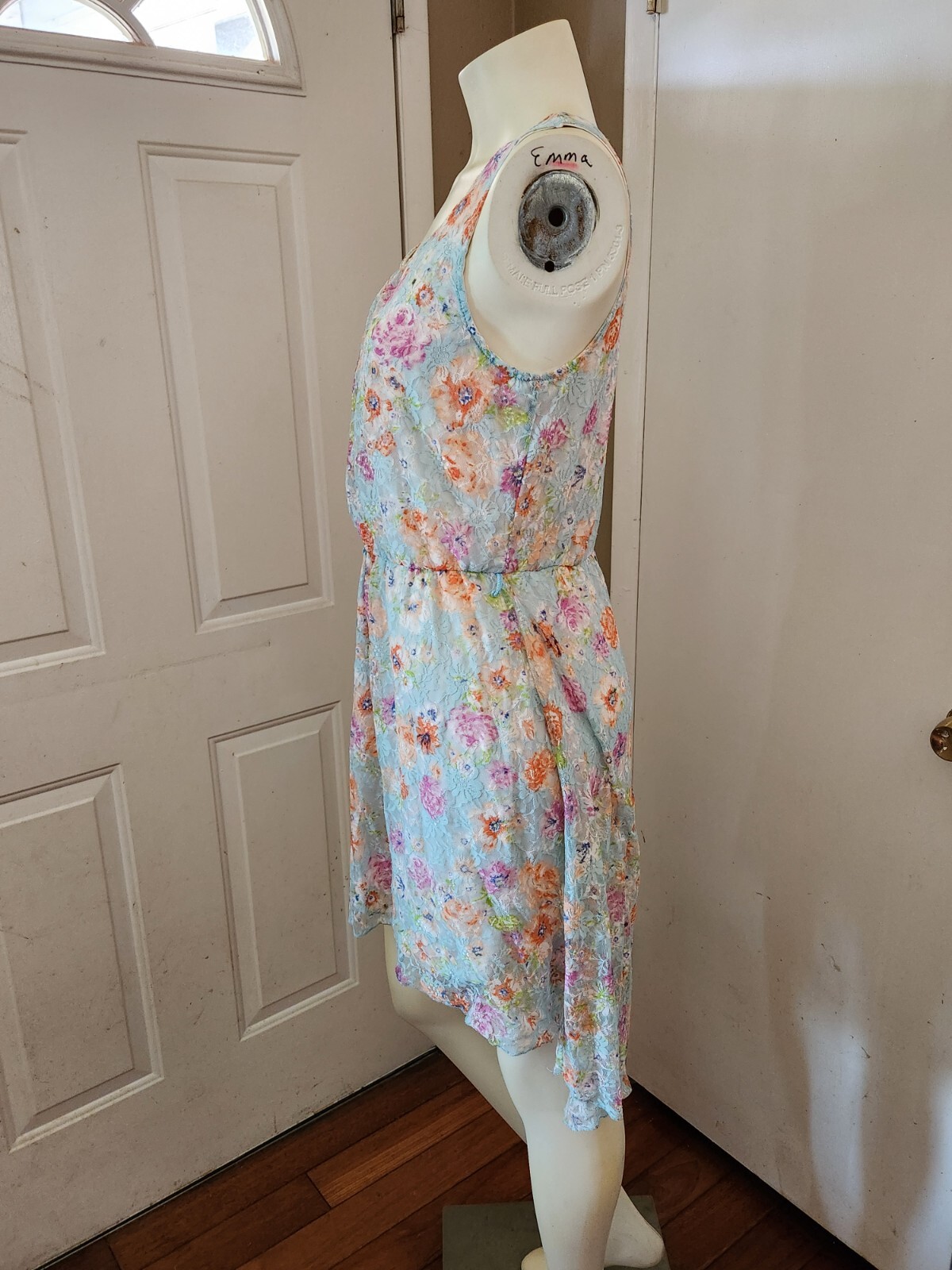 No Boundaries Midi Tunic Dress Lined Blue Lace Floral Print Slip-On Sz L (11-13)