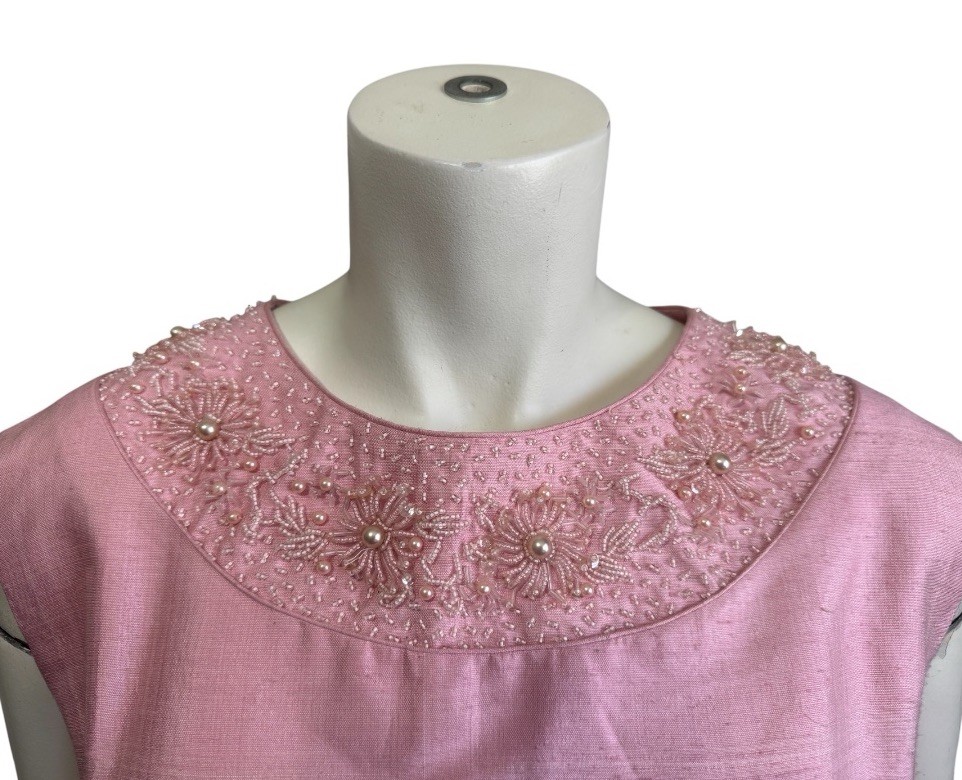 Vintage Pink Hand Beaded Cocktail Dress | Pearls Silk | 60’s Jackie O Glam