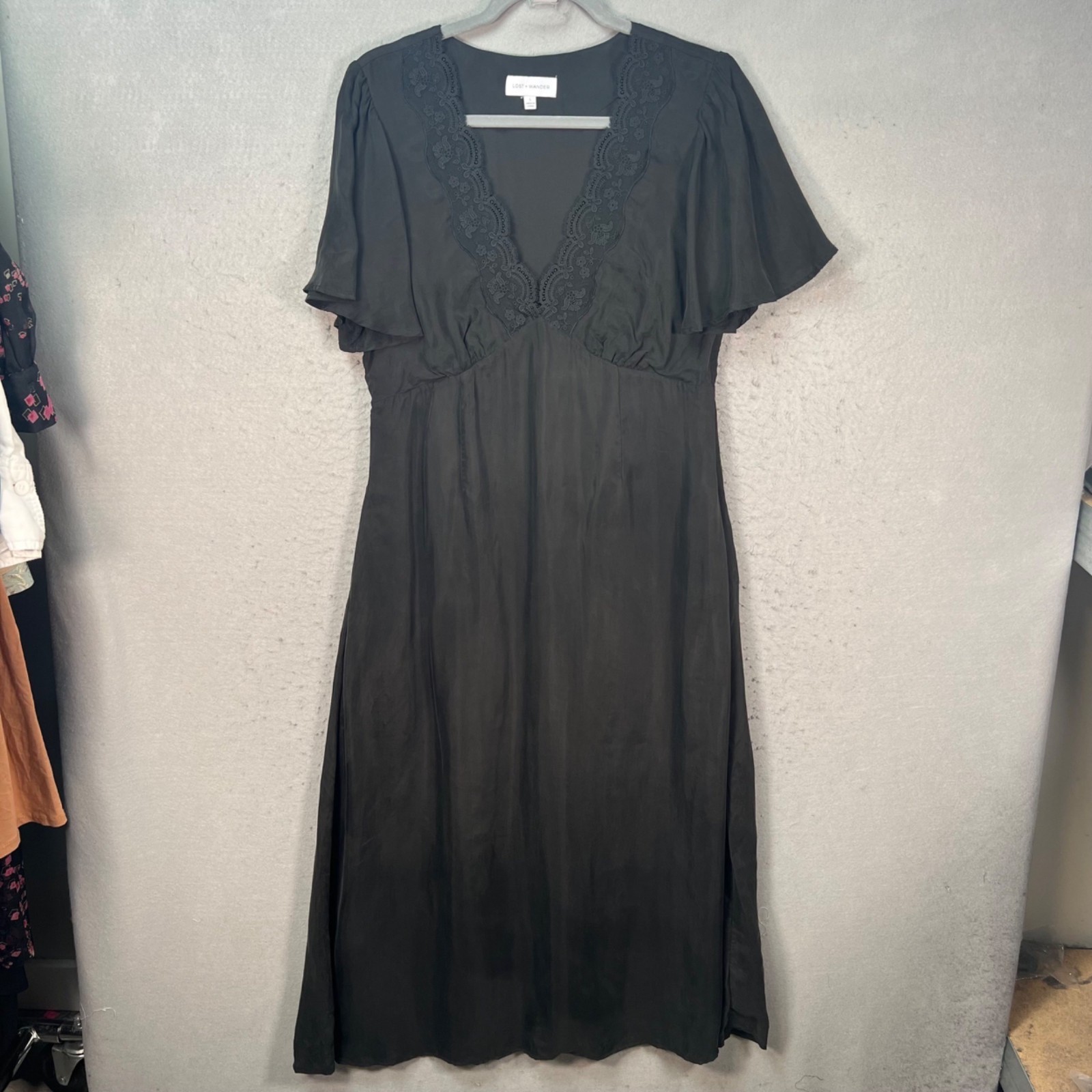 Lost + Wander Womens Size Large Black Lace Trim Midi Dress