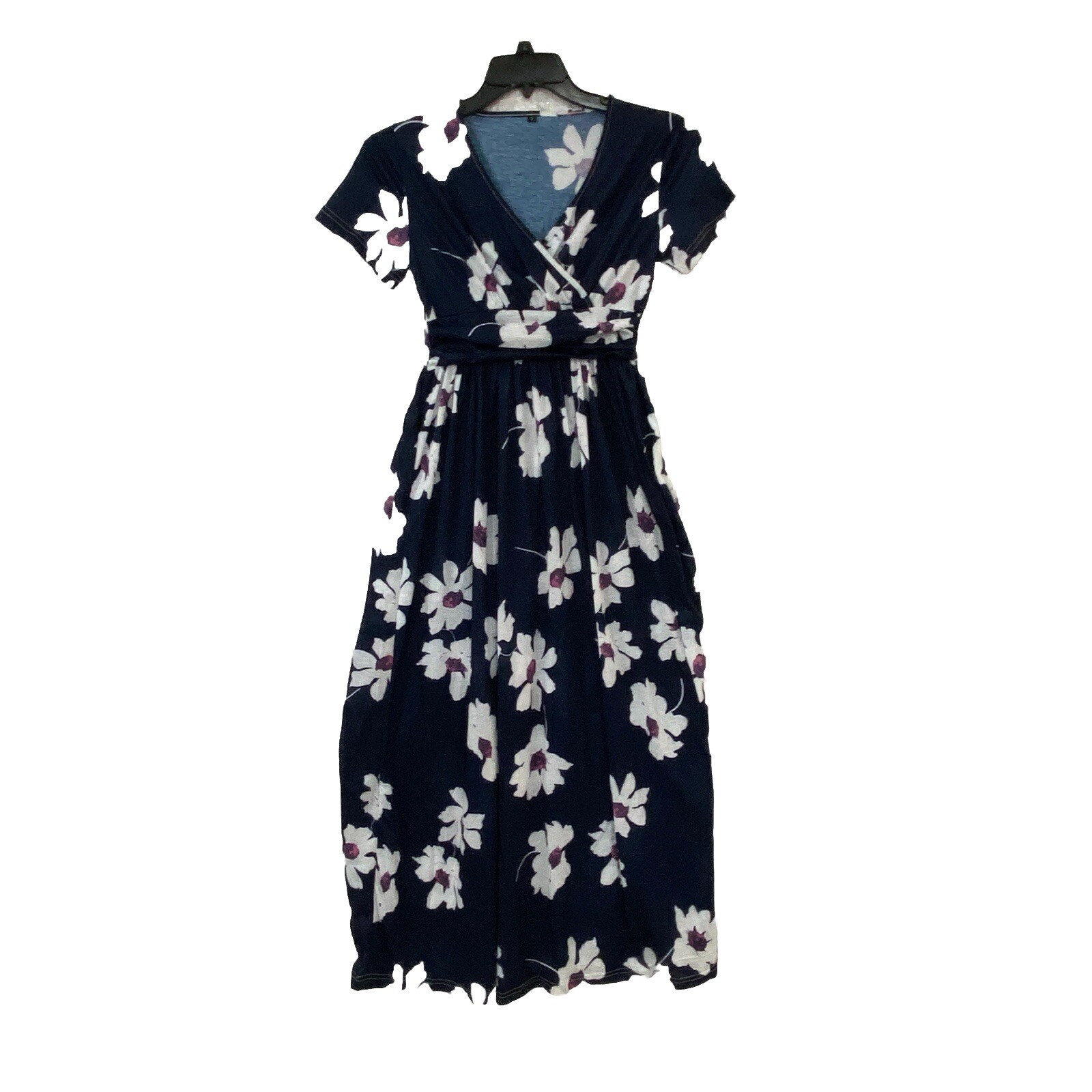 Floral Maxi Dress Women’s S Blue V Neck Empire Waist Lightweight Knit Semi Sheer