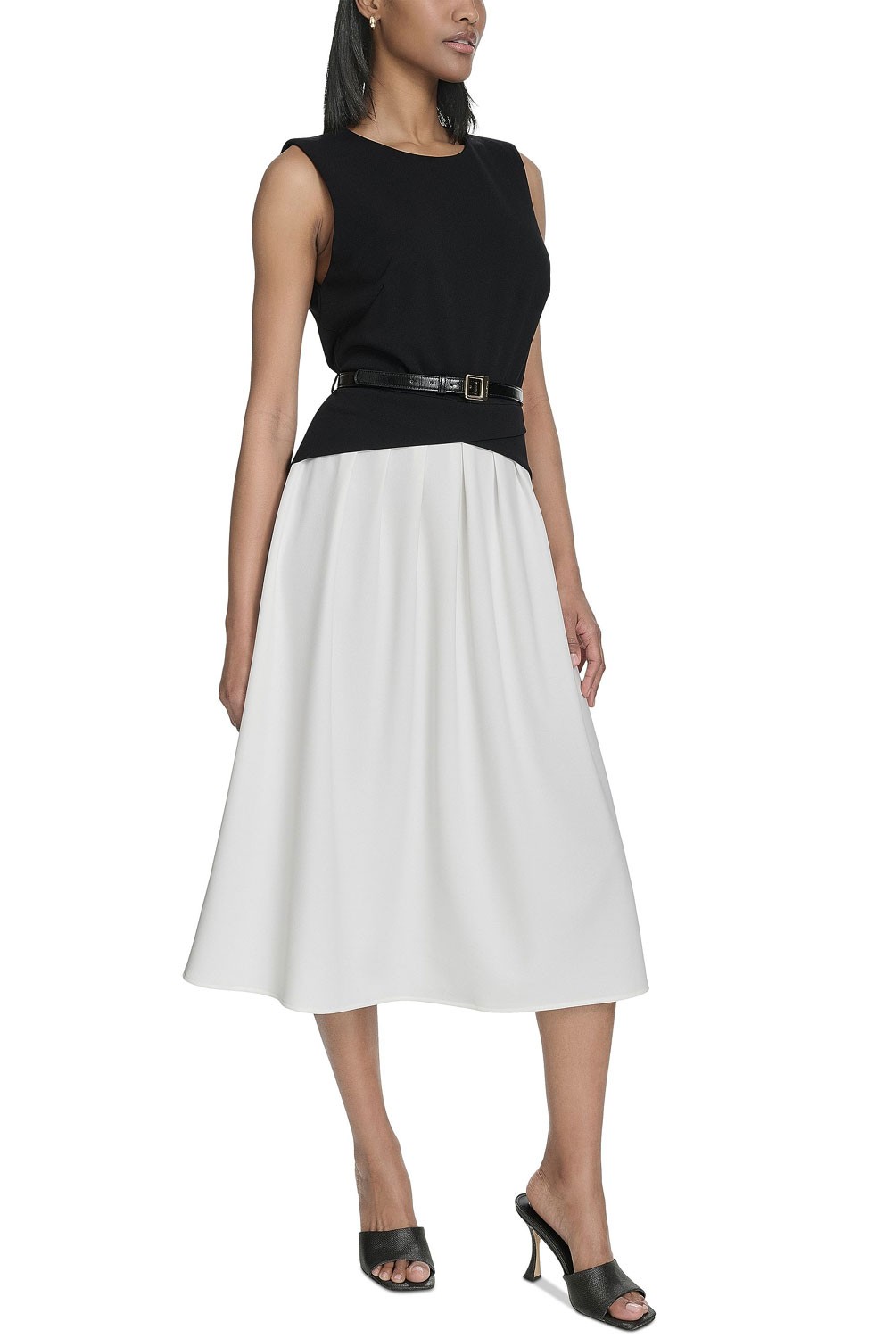Halston Womens Sleeveless Split-Color Flared Midi Dress 14 Black/Cream NWT $159