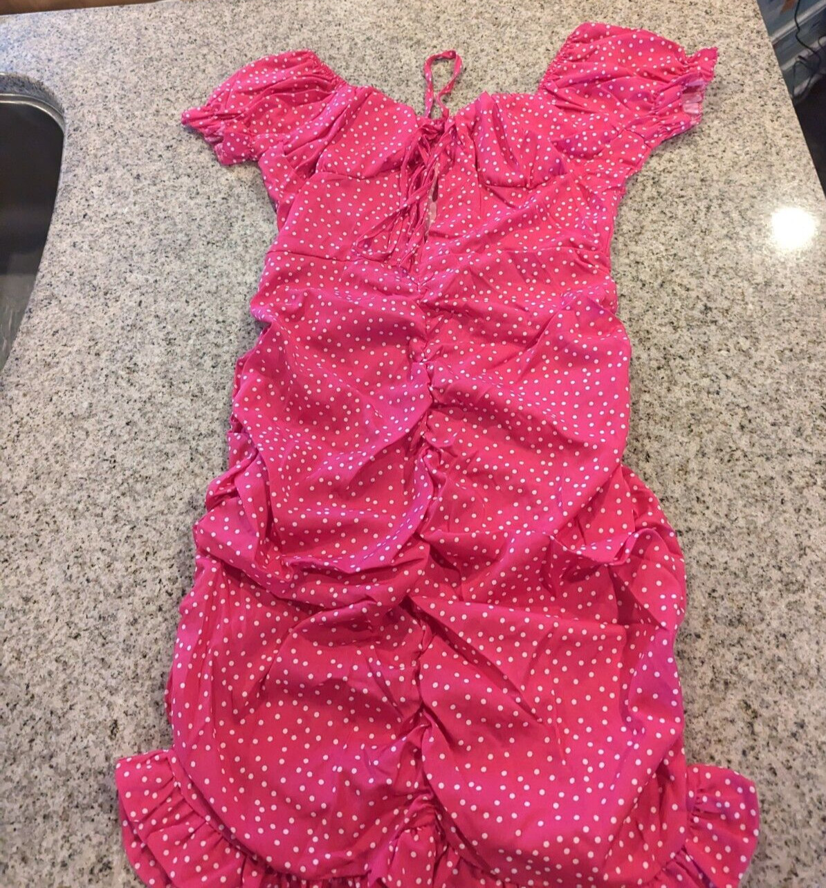 Polka Dot Lace Up Front Off Shoulder Ruffle Hem Bodycon Dress Pink size M