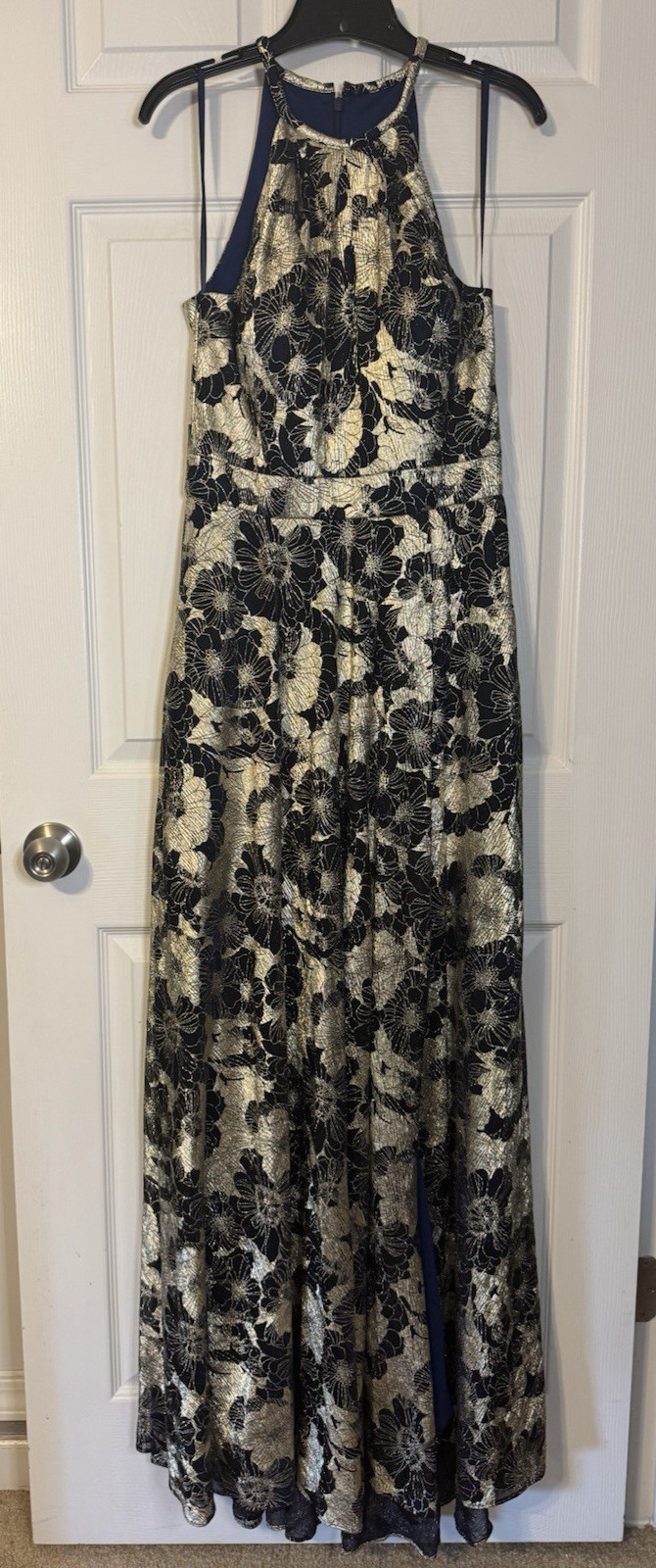 Betsy & Adam Evening Formal Dress 10 Blue Gold Long Wedding Party NEW $268