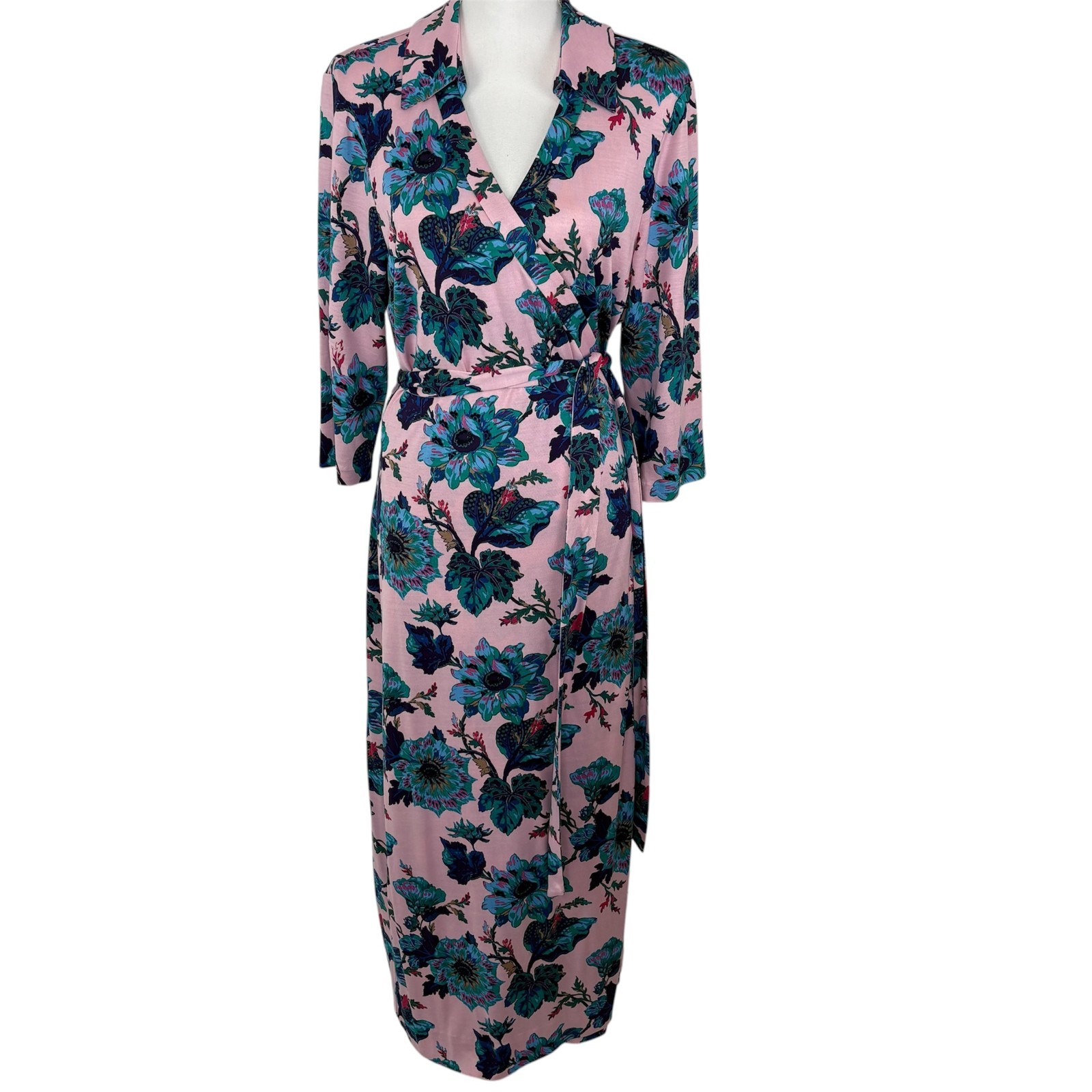 Diane von Furstenberg Abigail Silk Jersey Midi Wrap Dress XL Floral Pink