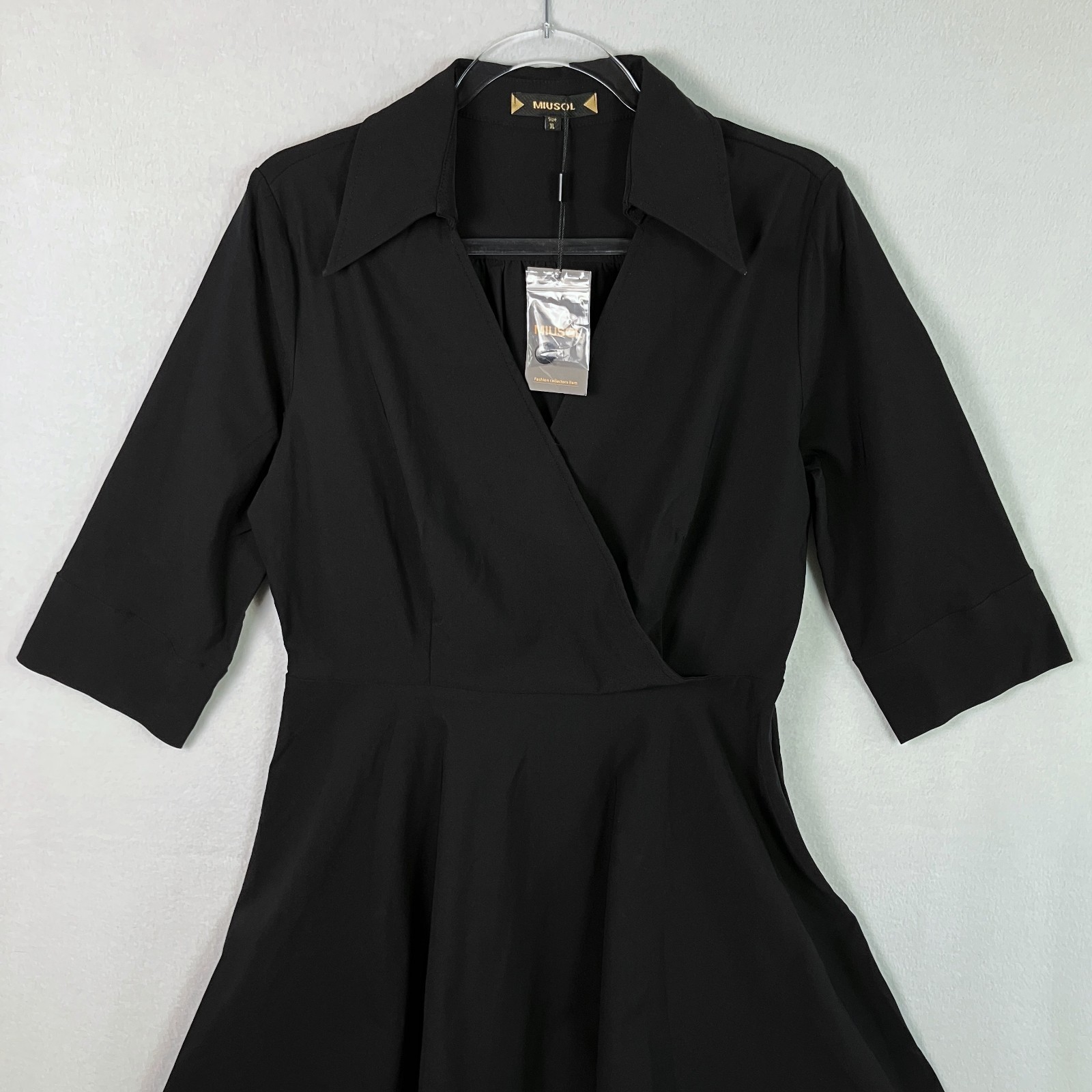 Miusol Collared Wrap-Style Dress Women’s Size XL Black 3/4 Sleeve NWT
