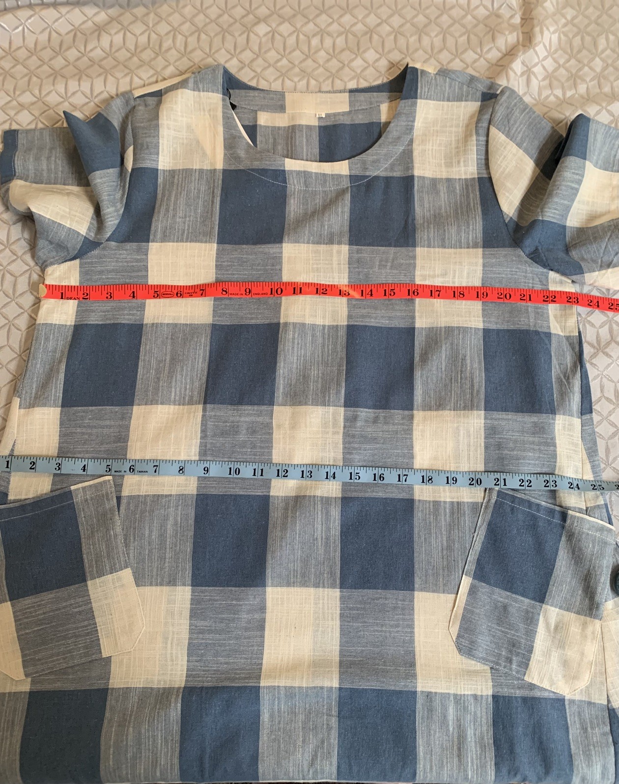 Buffalo Check Plaid Everyday A LINE LINEN COTTON Dress BLUE White XL
