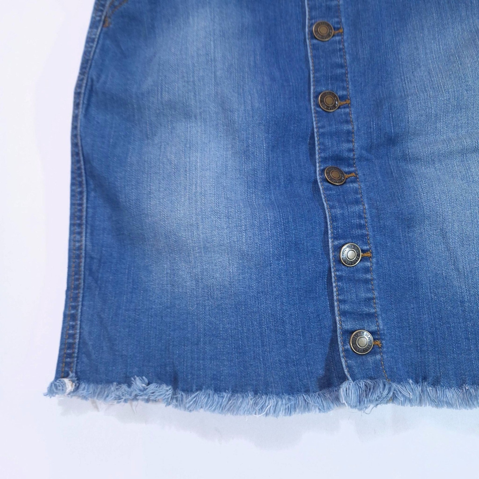 Wax Jean Button Front Denim Overall Mini Dress M Wash Blue Pinafore Raw Hem Y2K
