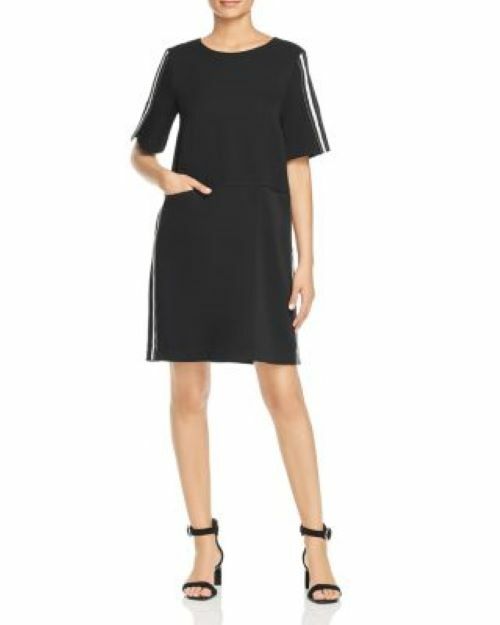 Le Gali Mindy Shift Dress Zip Up Striped Jewel Neck Black M MSRP $149 NWT