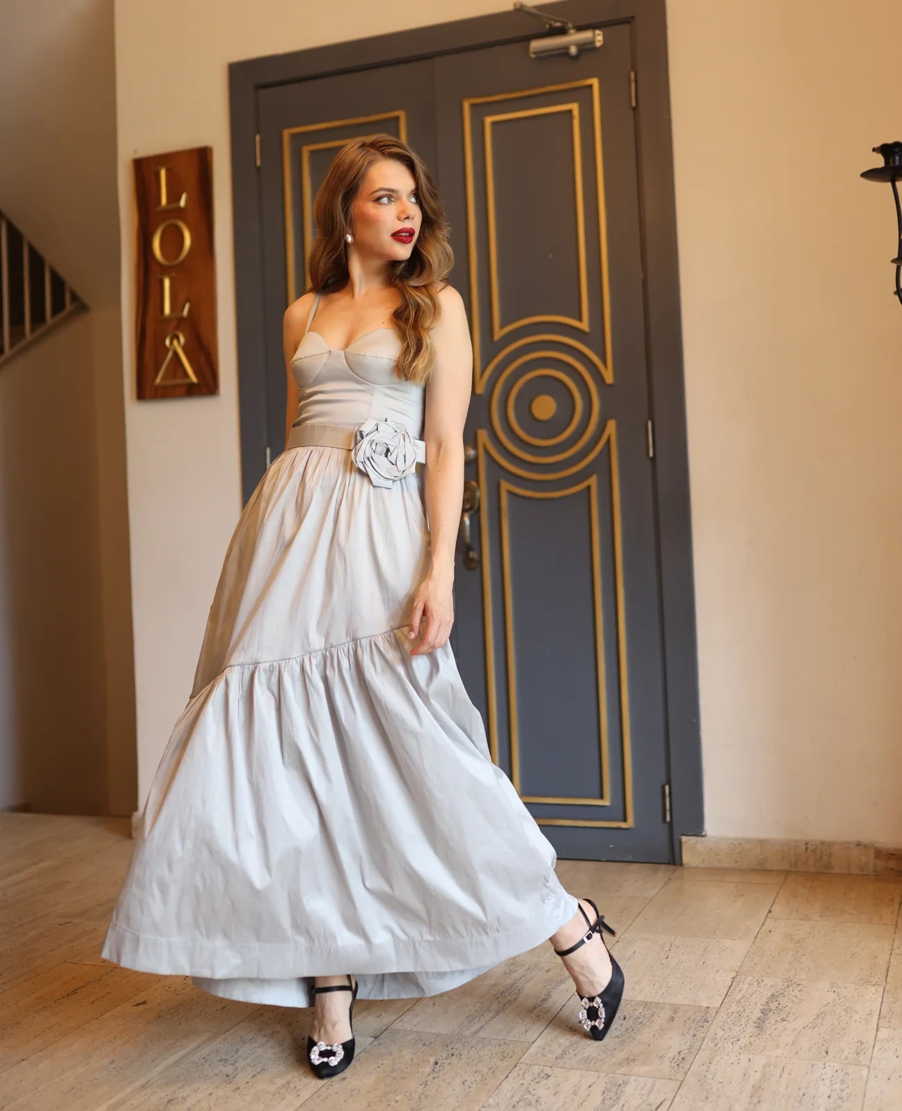 Liliana Meza Rossie Midi Dress Silver Tafetta. Size Small. New with Tags.