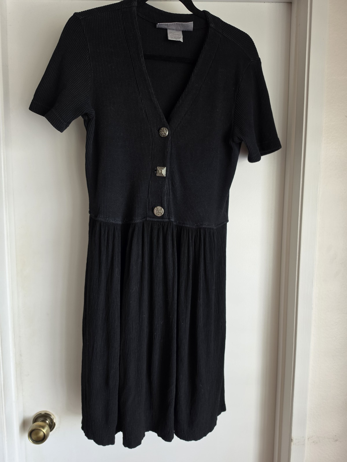 Vintage Barbara Lesser Dress M Black Mixed Fabric Made in USA Artsy Buttons