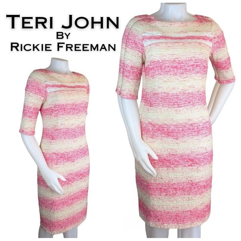 Teri Jon Rickie Freeman Sheath Dress 8 Pink Beige Stripe Texture Coastal Beachy