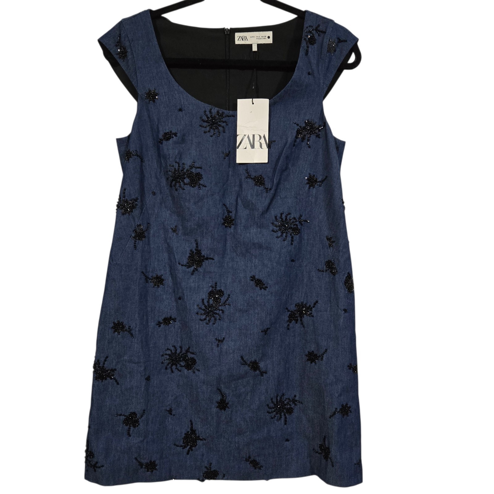 ZARA Blue Denim Color Beaded Shift Mini Dress S Sleeveless Scoop Neck Lined Zip