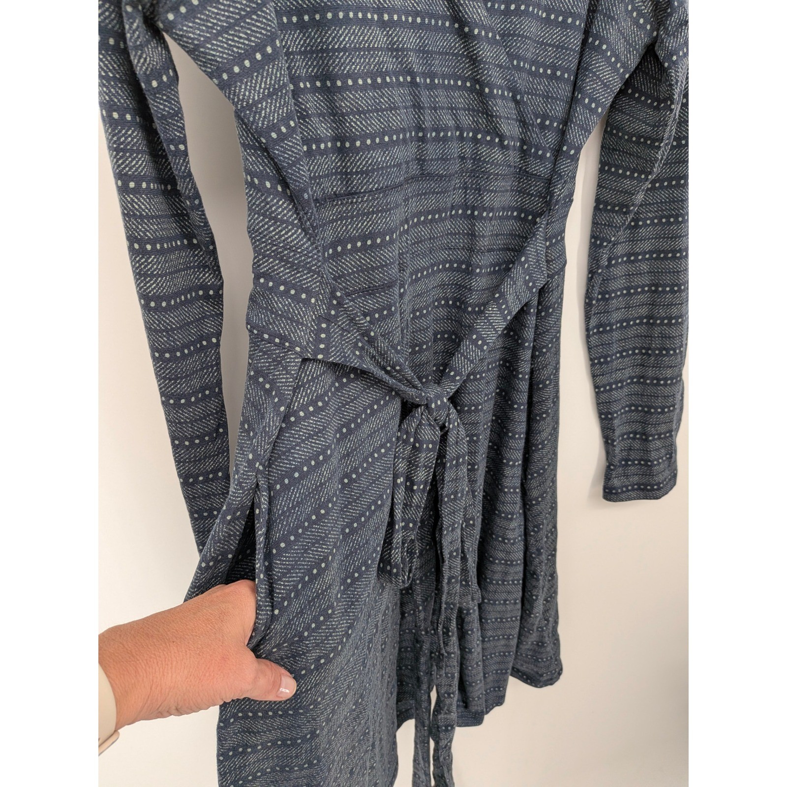 Toad&Co Faux Wrap Dress Womens Large Blue Long Sleeve Eco Organic Cotton Blend