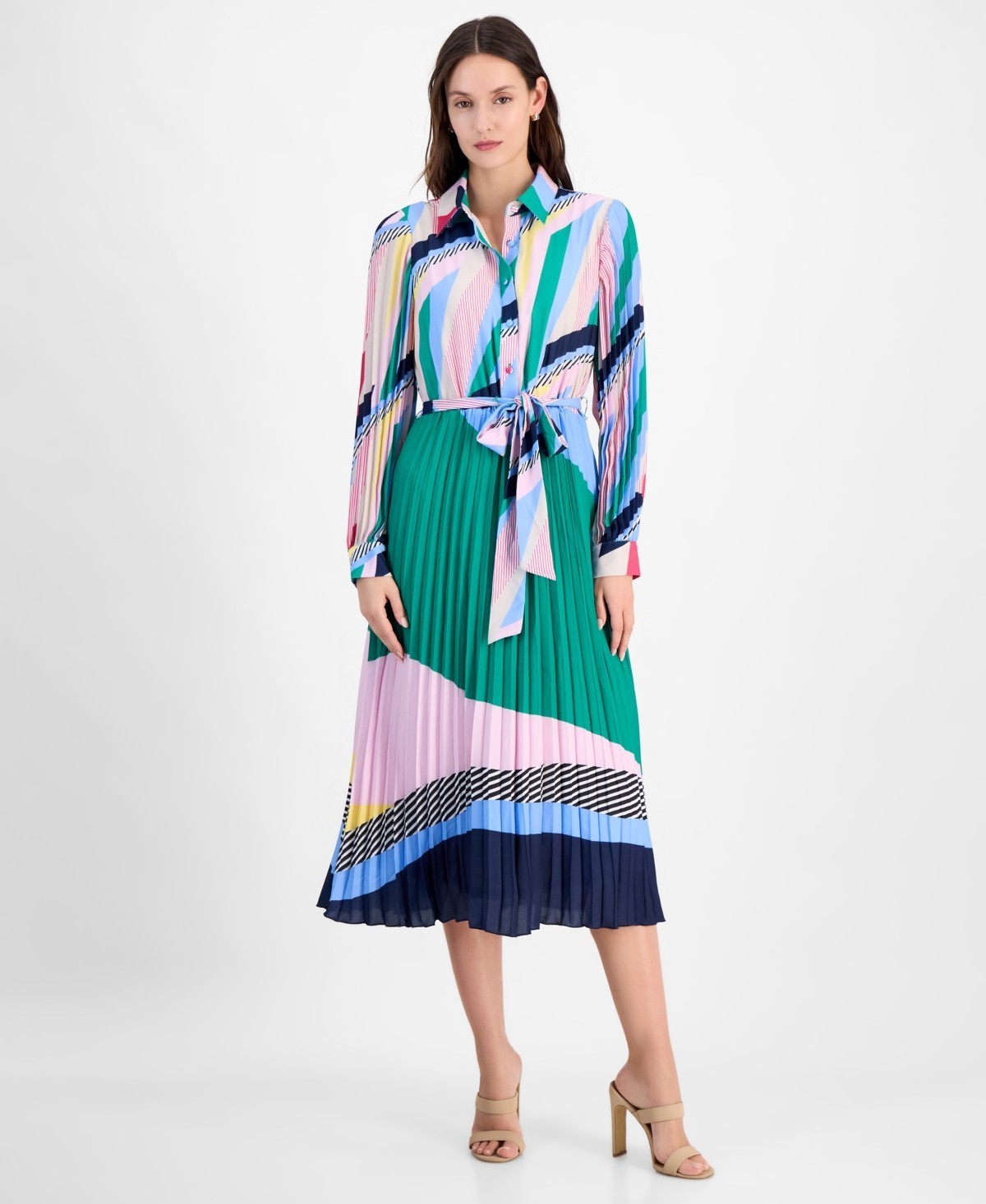 T Tahari Women’s Mixed-Print Pleated Tie-Waist MIDI Dress – Kaleidoscope XL $158