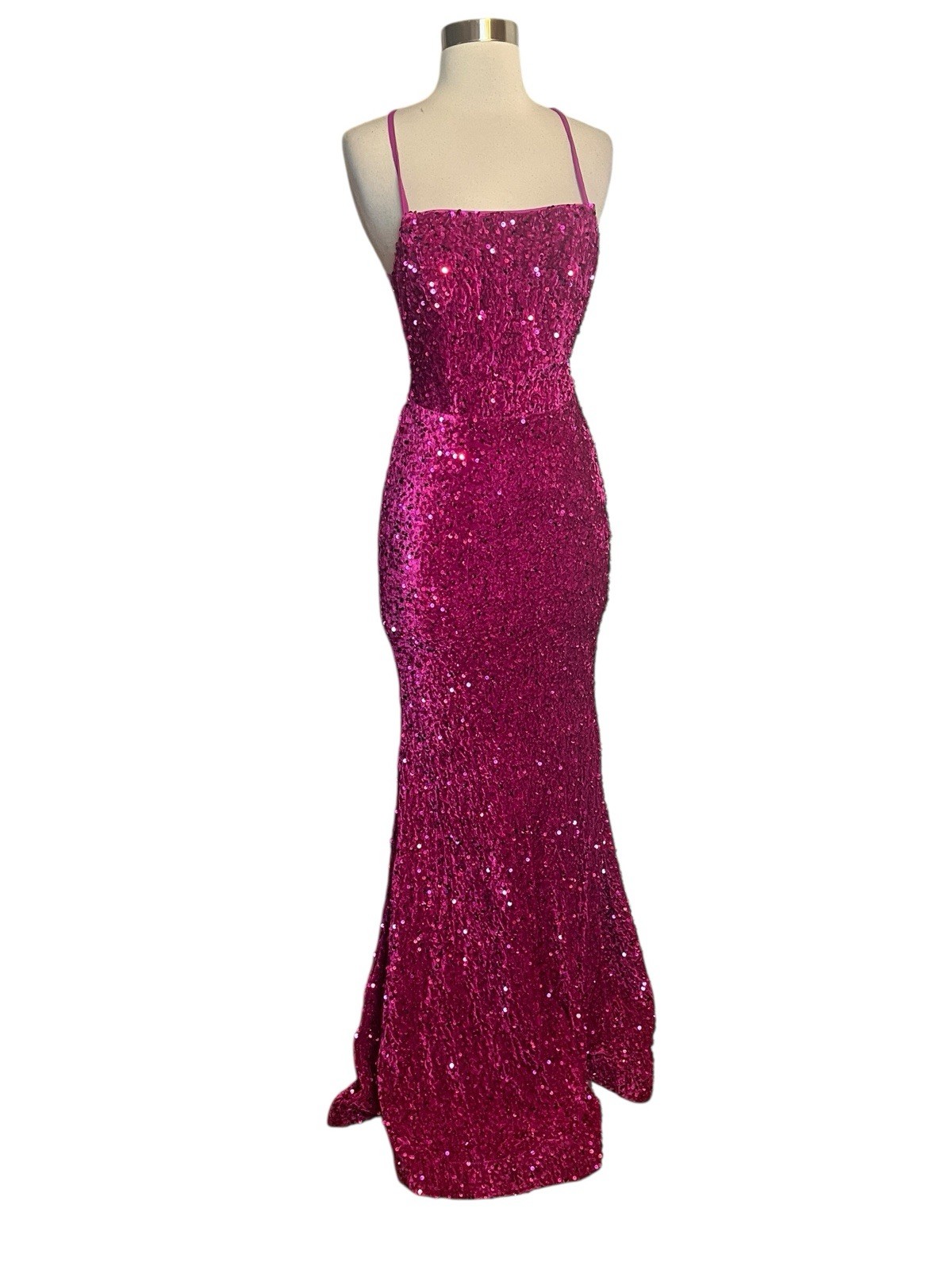 Faeriesty Sequin Velvet Mermaid Dress S Pink Spaghetti Strap Lace Up Back